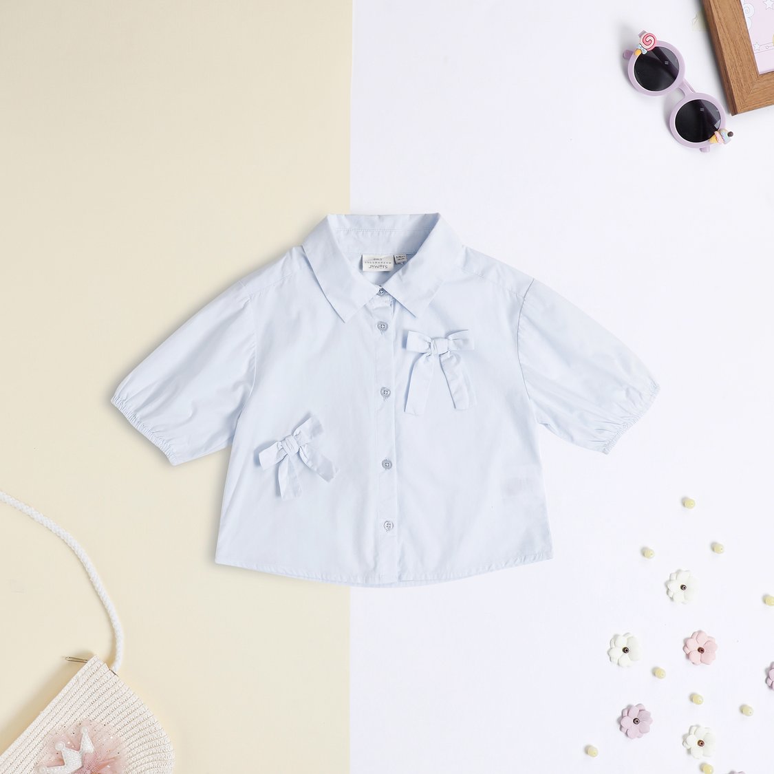 Juniors Solid Bow Detail Shirt with Button Closure