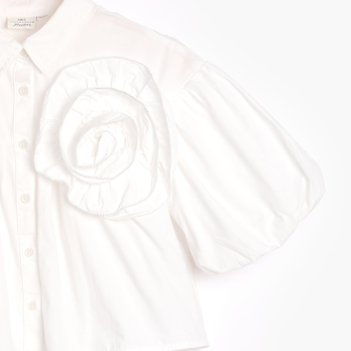 Juniors Floral Accent Collared Top with Balloon Sleeves