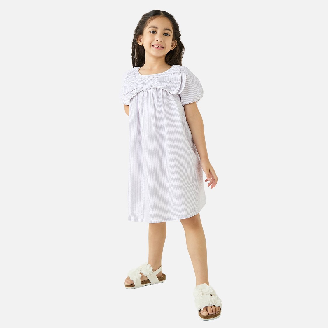 Juniors Striped A-line Dress with Short Sleeves and Bow Detail