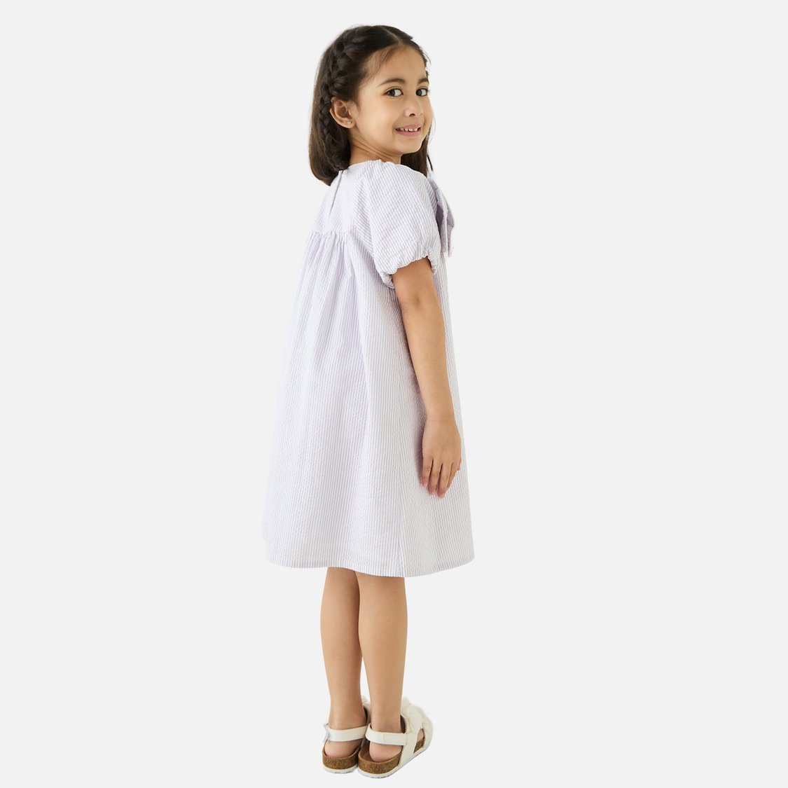 Juniors Striped A-line Dress with Short Sleeves and Bow Detail