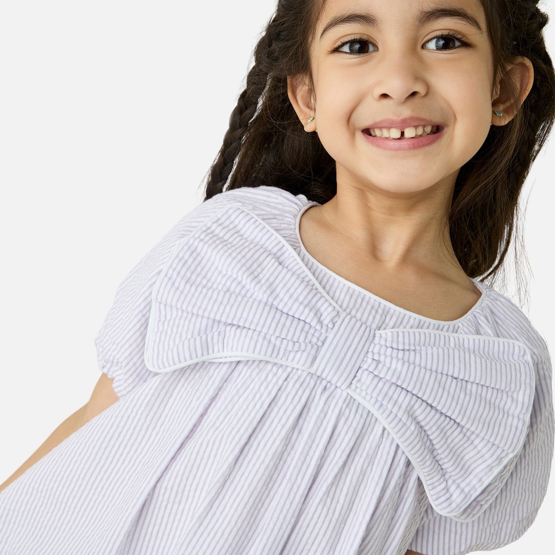 Juniors Striped A-line Dress with Short Sleeves and Bow Detail