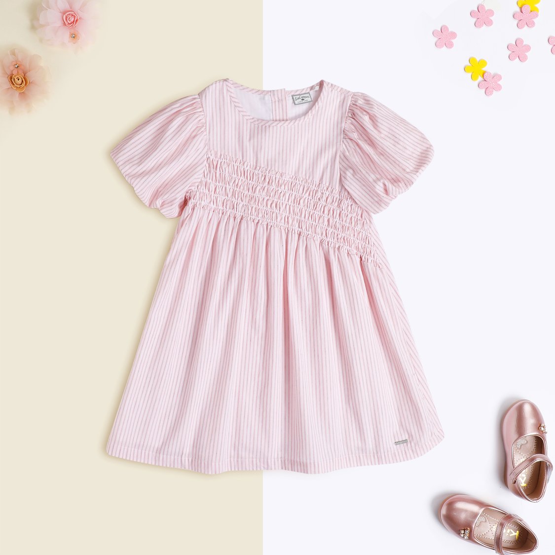 Striped A-Line Dress with Smocked Detail and Puff Sleeves