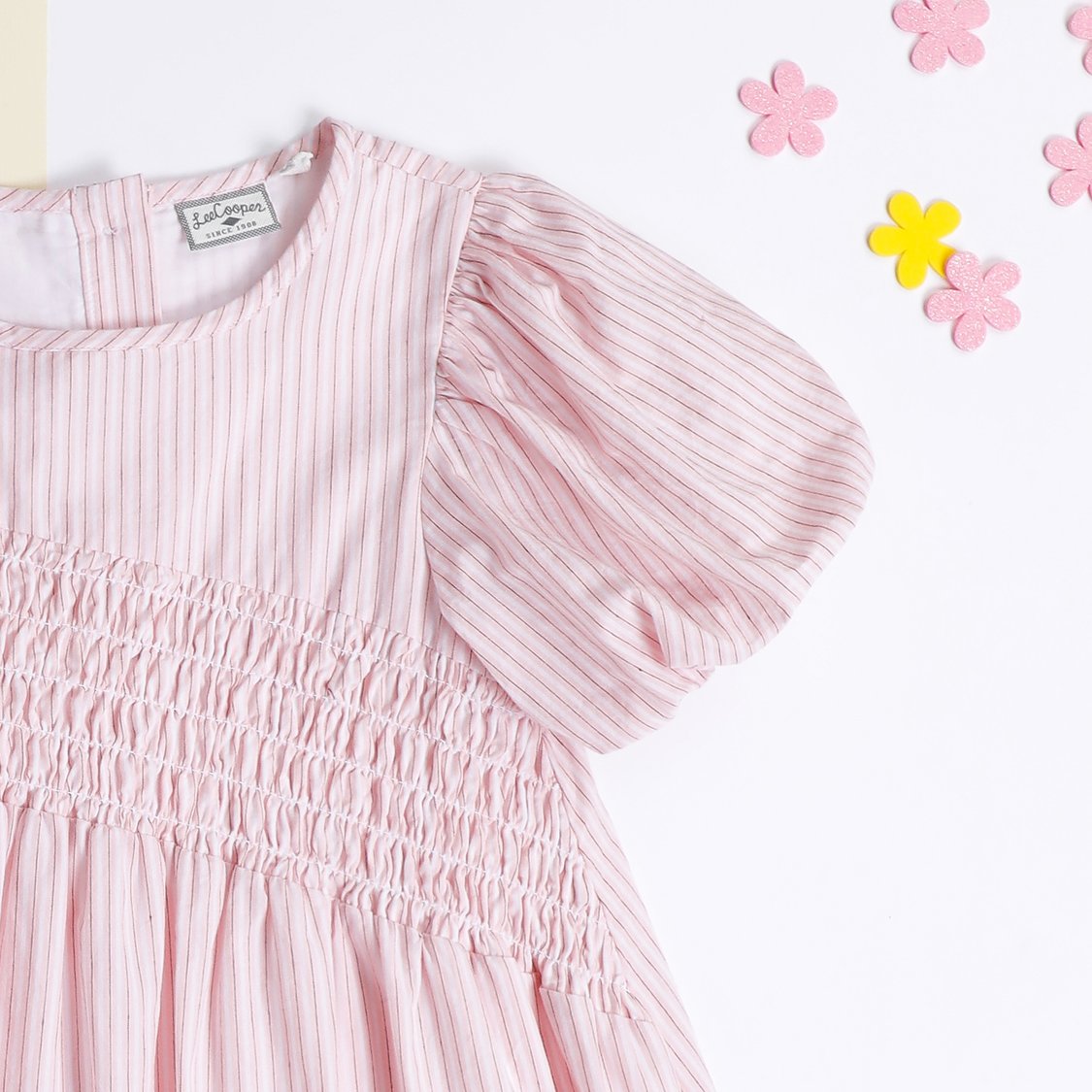 Striped A-Line Dress with Smocked Detail and Puff Sleeves