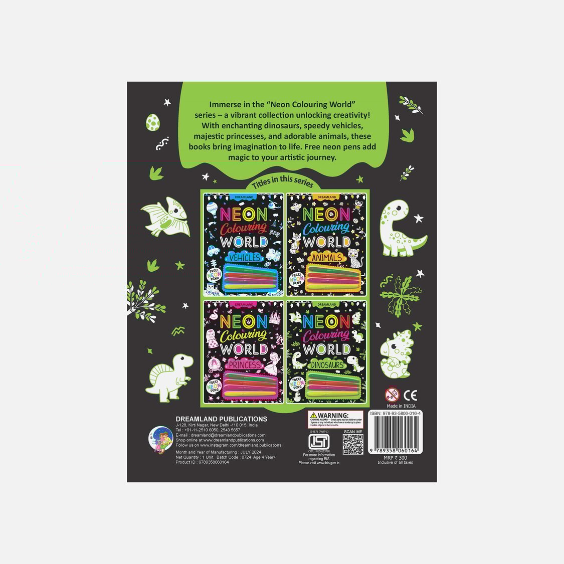 Dreamland Dinosaurs Neon Colouring World Book with Neon Pens