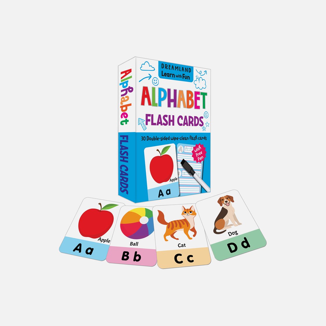 Dreamland Flash Cards Alphabet - 30 Double Sided Flash Cards for Kids (With Free Pen)