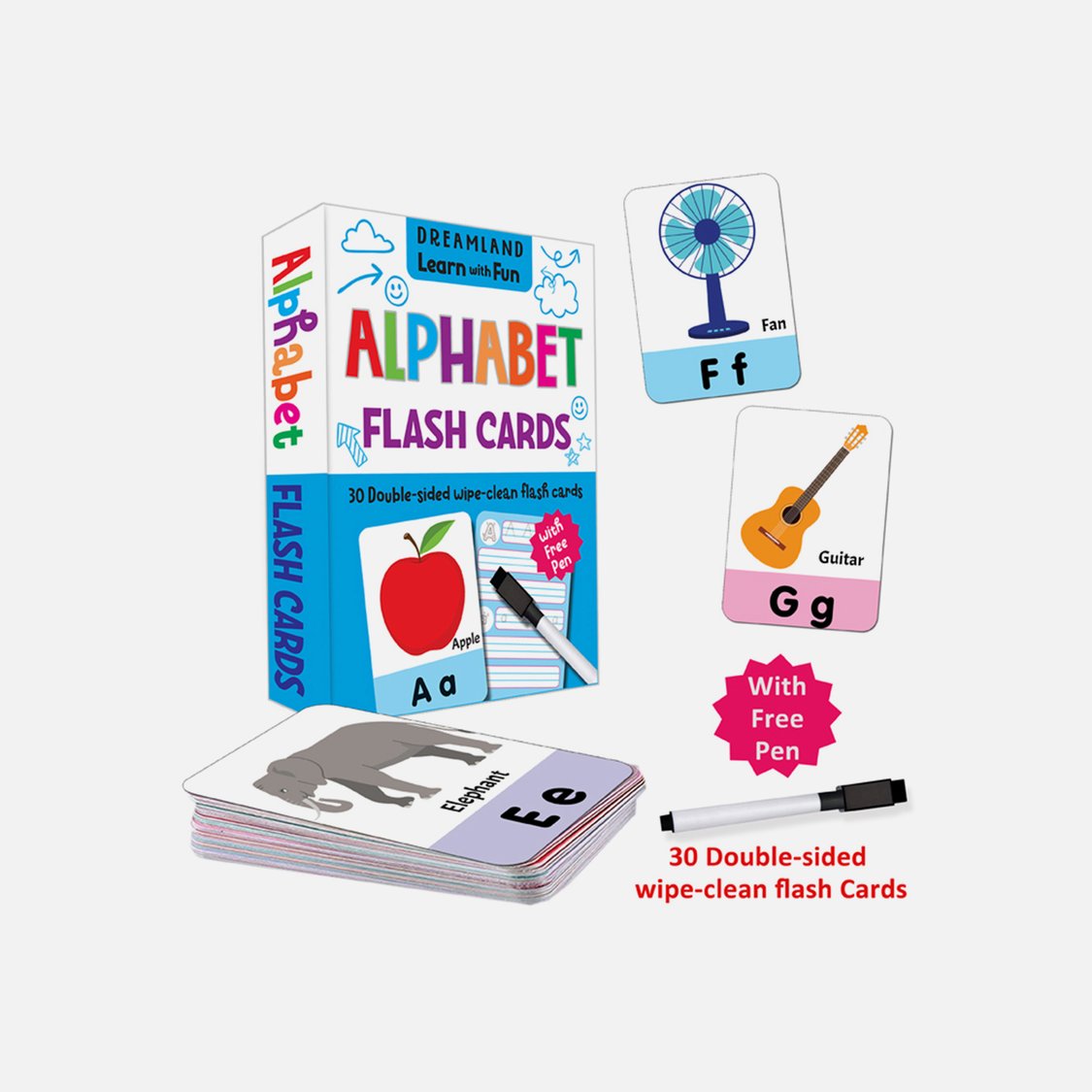 Dreamland Flash Cards Alphabet - 30 Double Sided Flash Cards for Kids (With Free Pen)