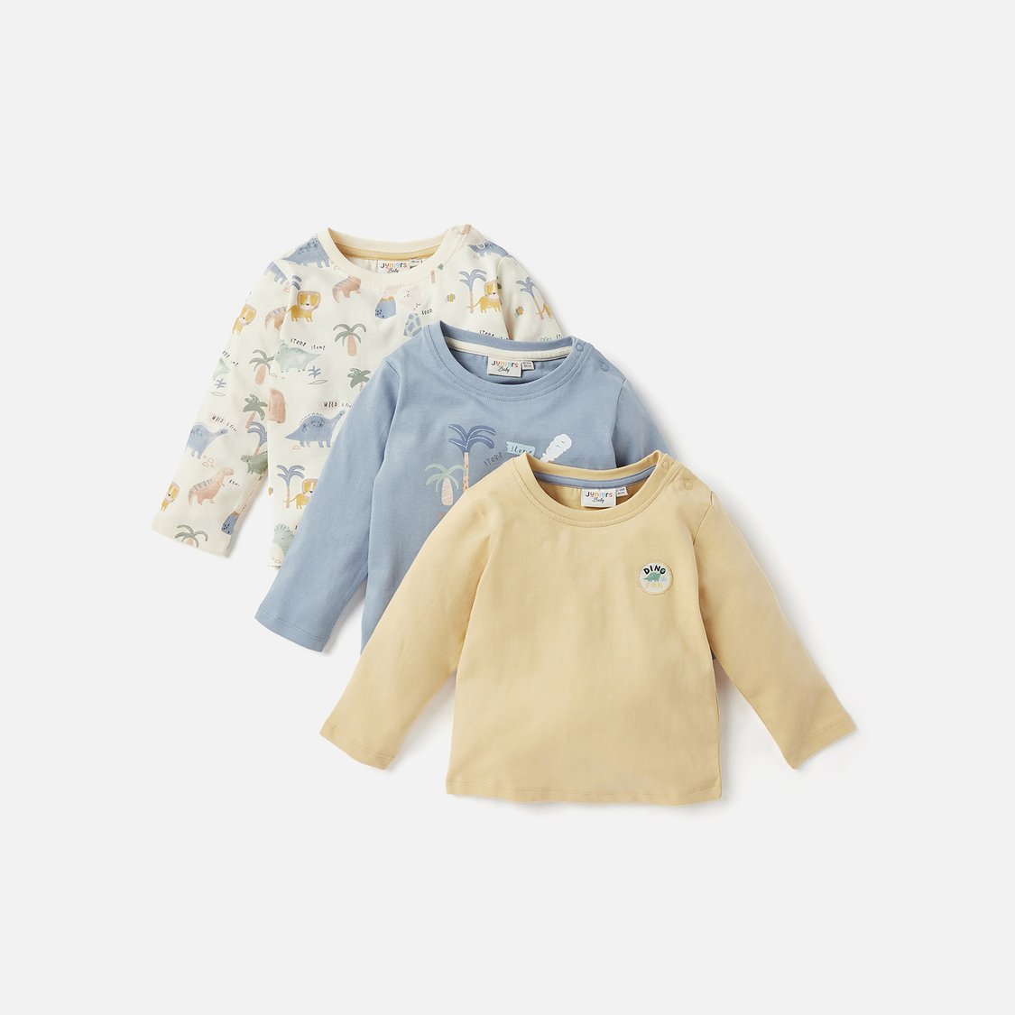 Juniors Dino Print Crew Neck T-shirt with Long Sleeves - Set of 3