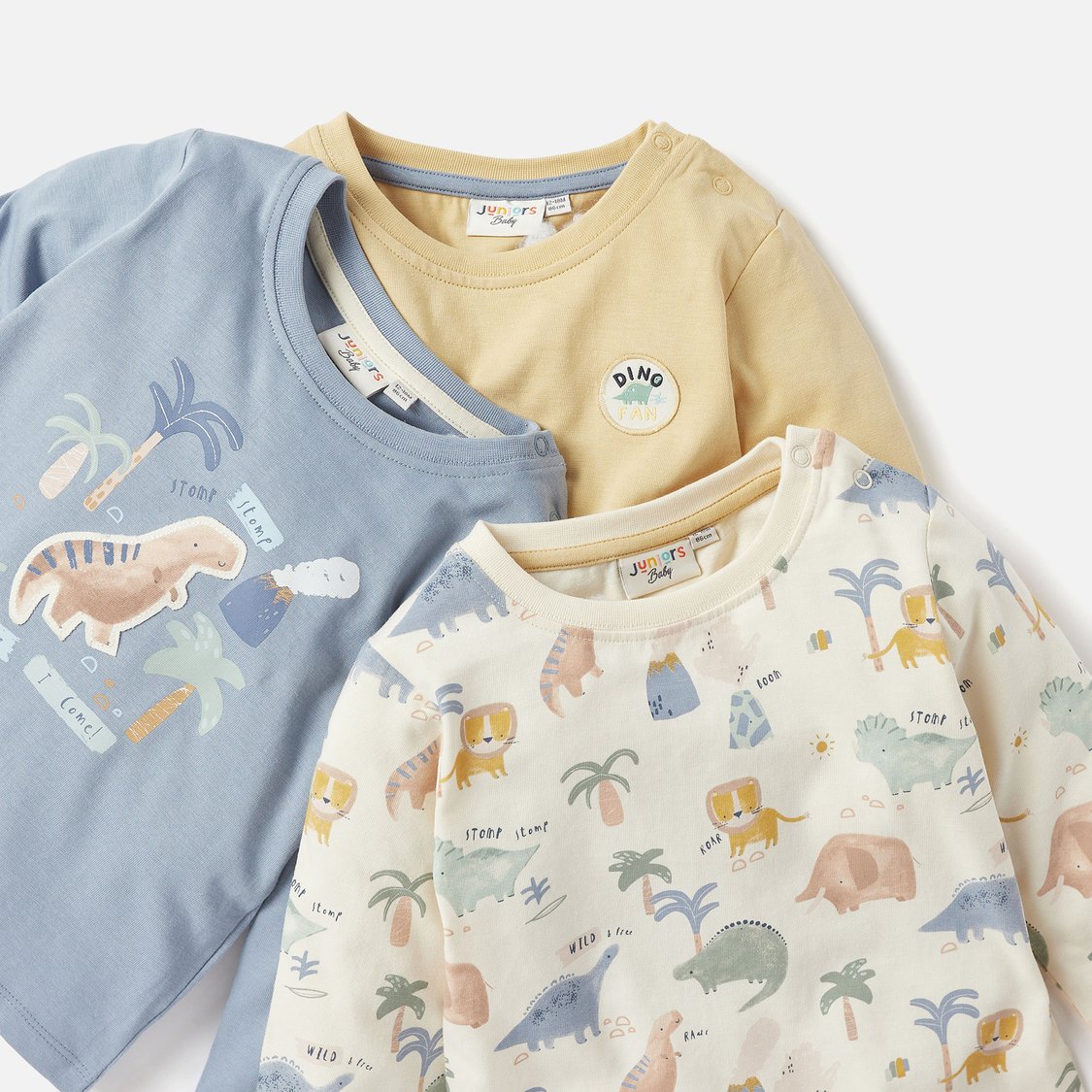 Juniors Dino Print Crew Neck T-shirt with Long Sleeves - Set of 3