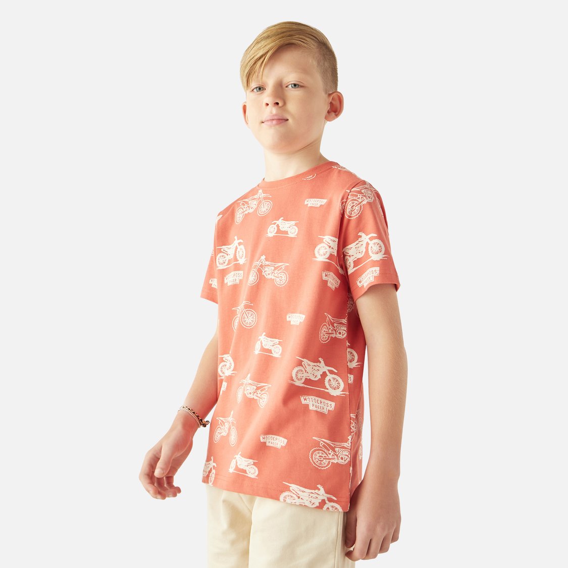 Juniors Bike Print T-shirt with Crew Neck and Short Sleeves