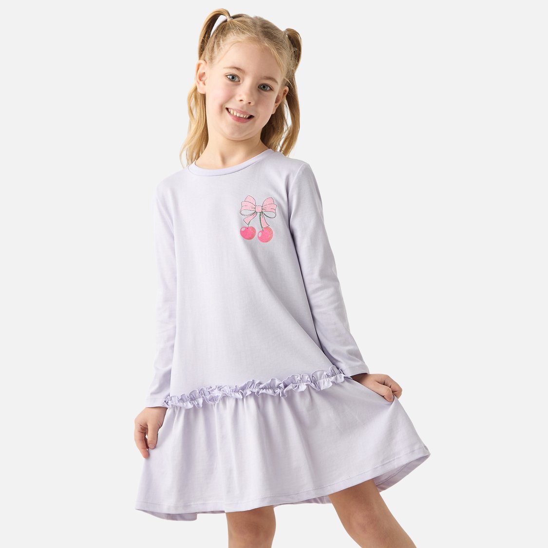 Juniors Bow Print Drop Waist A-line Dress with Long Sleeves