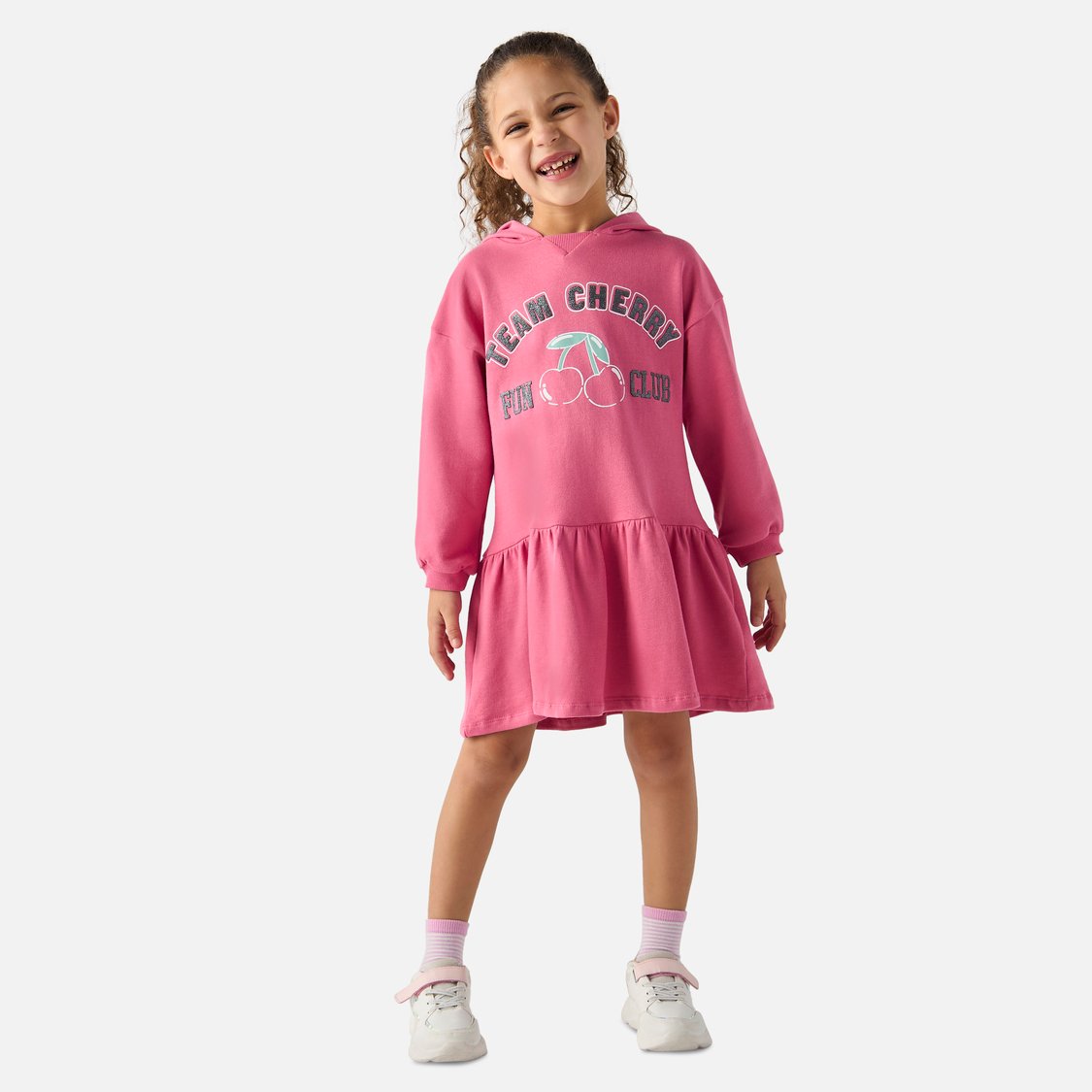 Juniors Printed Drop Waist Dress with Hood