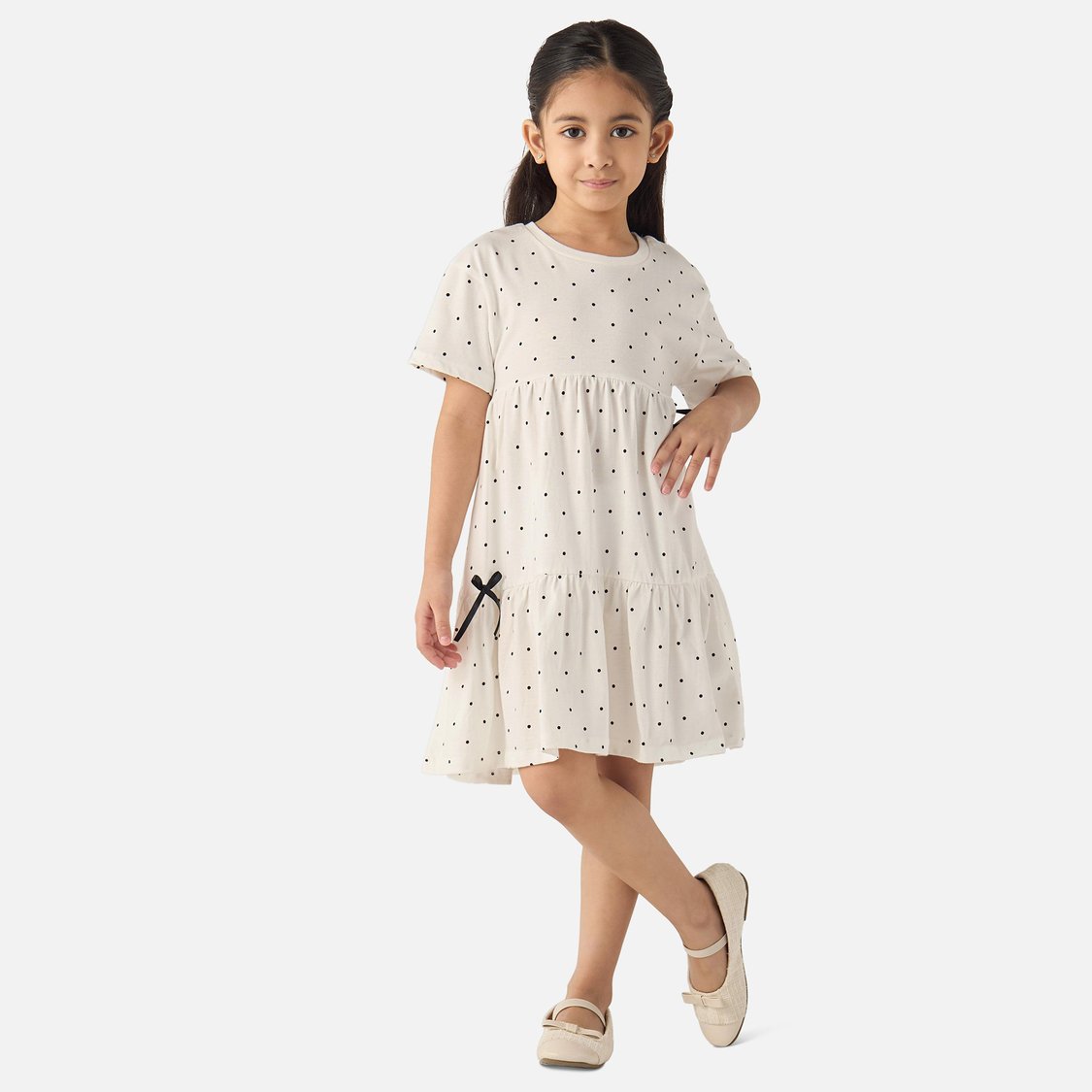 Juniors All-Over Polka Dot Print A-line Dress with Short Sleeves