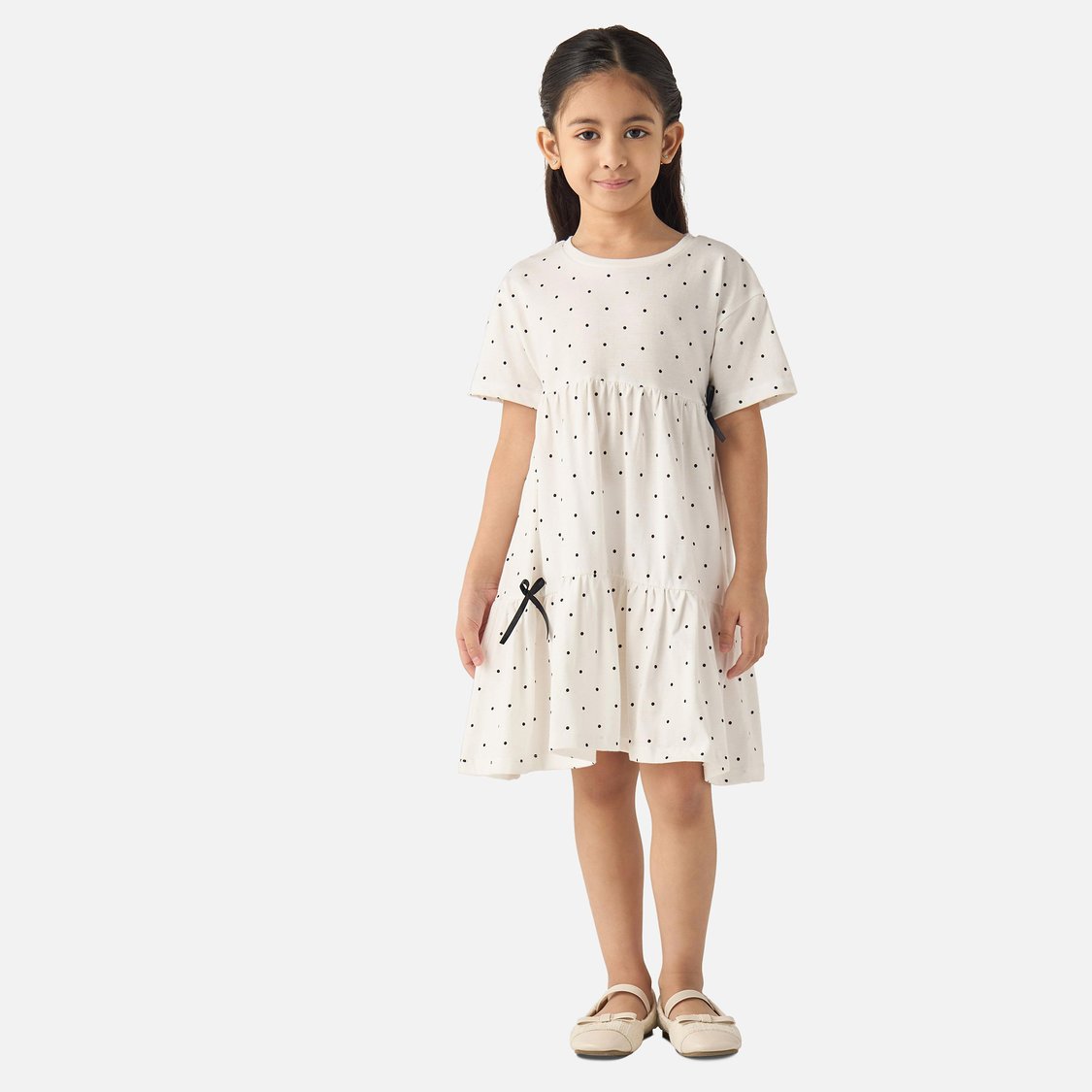 Juniors All-Over Polka Dot Print A-line Dress with Short Sleeves