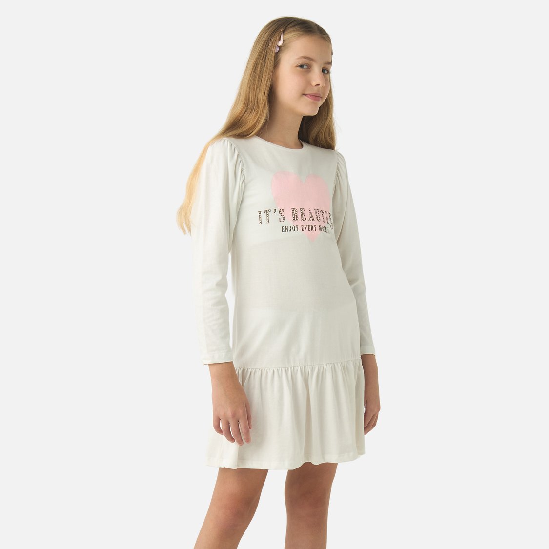 Juniors Slogan Print Drop Waist Dress with Long Sleeves