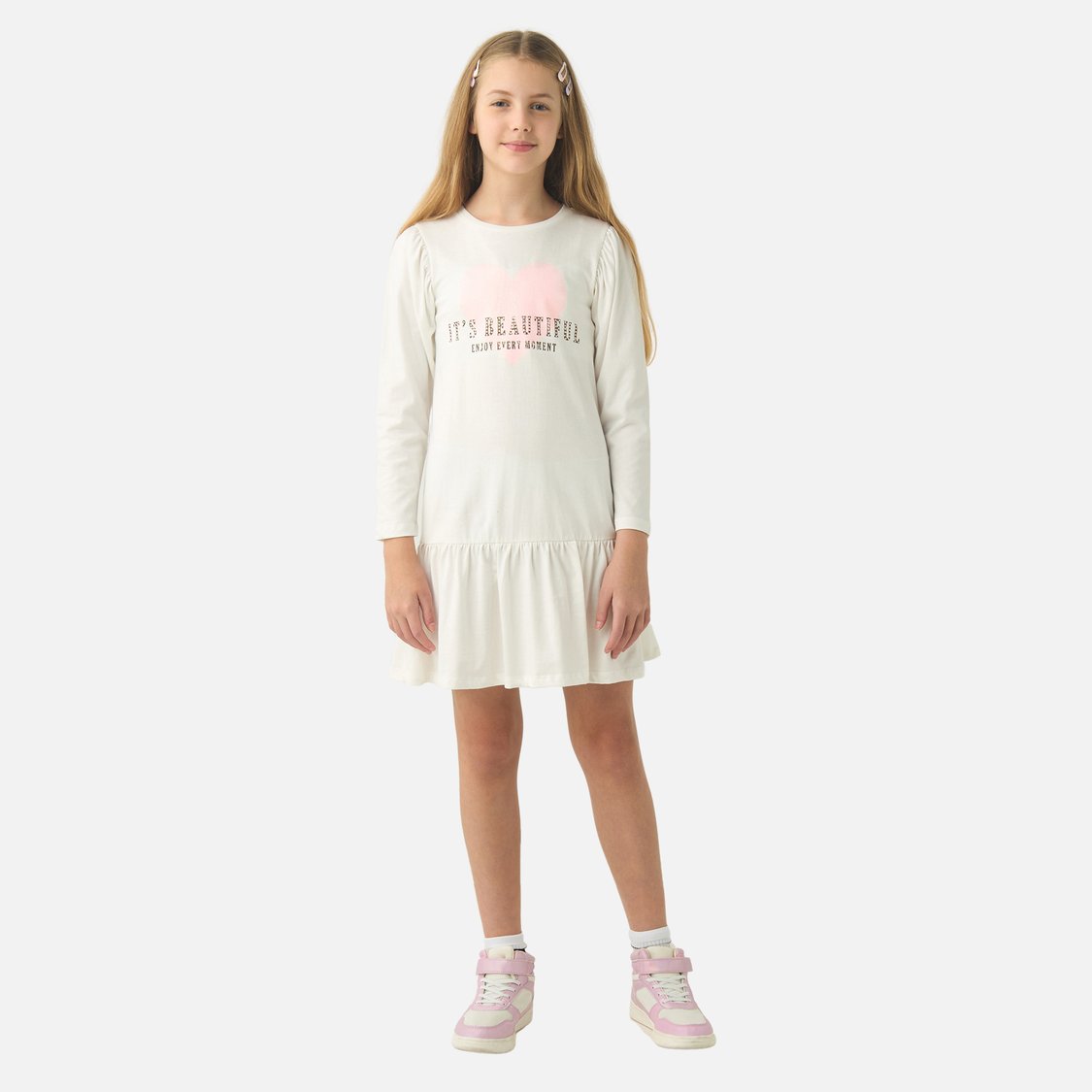 Juniors Slogan Print Drop Waist Dress with Long Sleeves