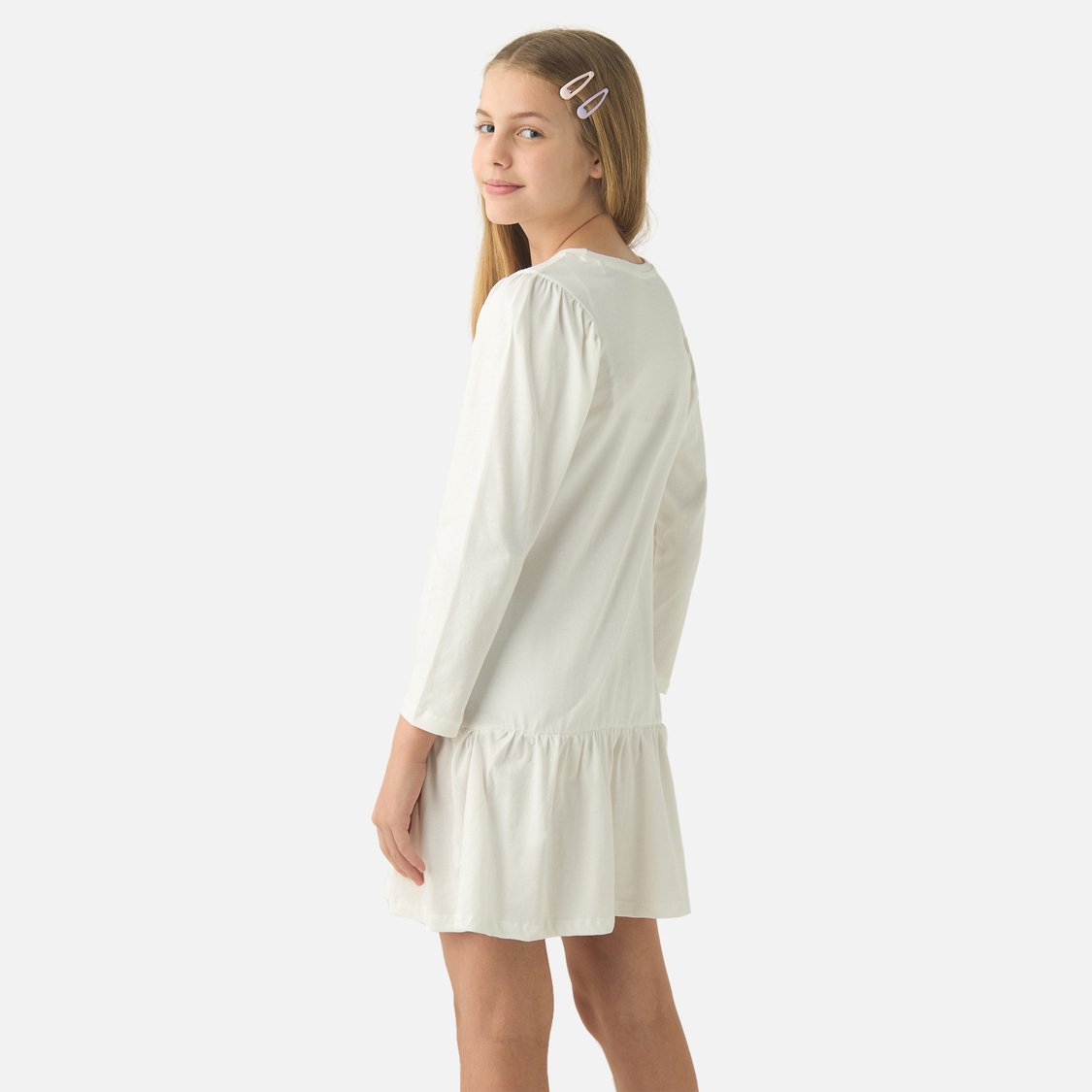 Juniors Slogan Print Drop Waist Dress with Long Sleeves