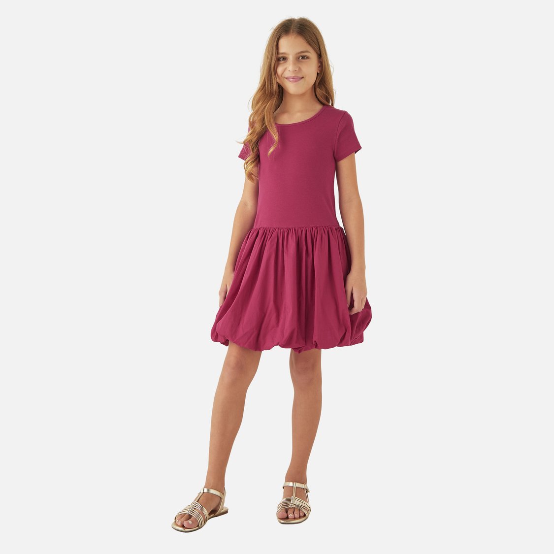 Juniors Ribbed A-Line Dress with Round Neck and Short Sleeves