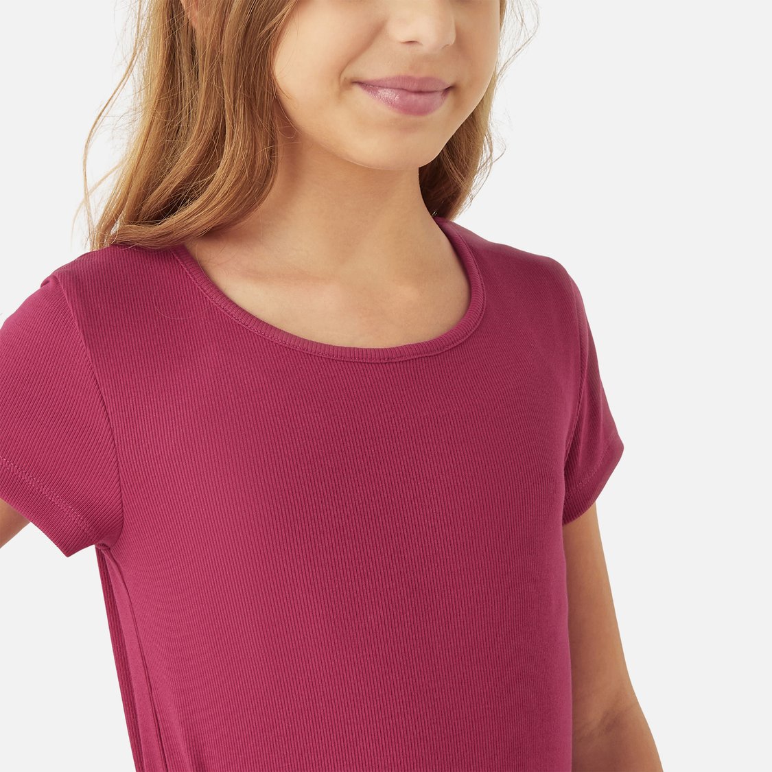 Juniors Ribbed A-Line Dress with Round Neck and Short Sleeves