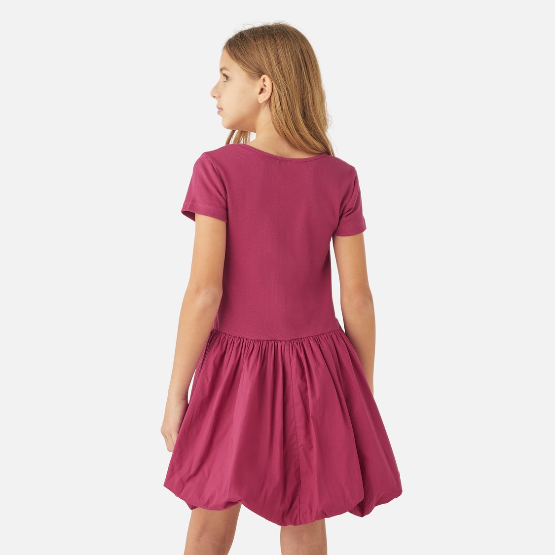 Juniors Ribbed A-Line Dress with Round Neck and Short Sleeves