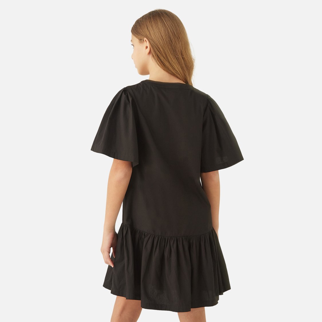 Juniors Solid Drop Waist Dress with Bow Applique and Flutter Sleeves