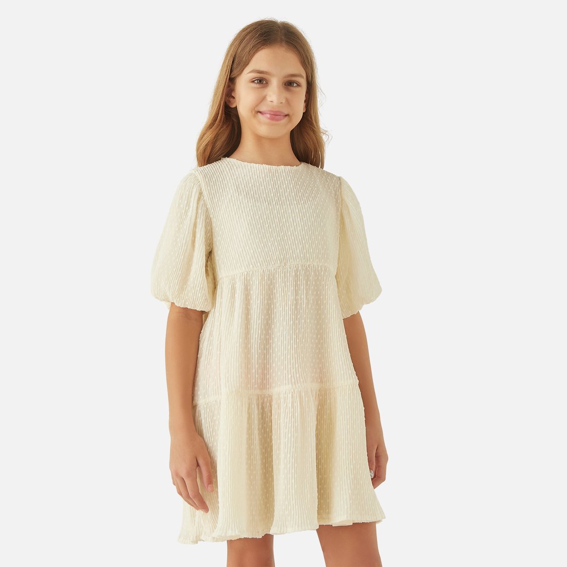 Juniors Textured Tiered Dress with Round Neck and Button Closure