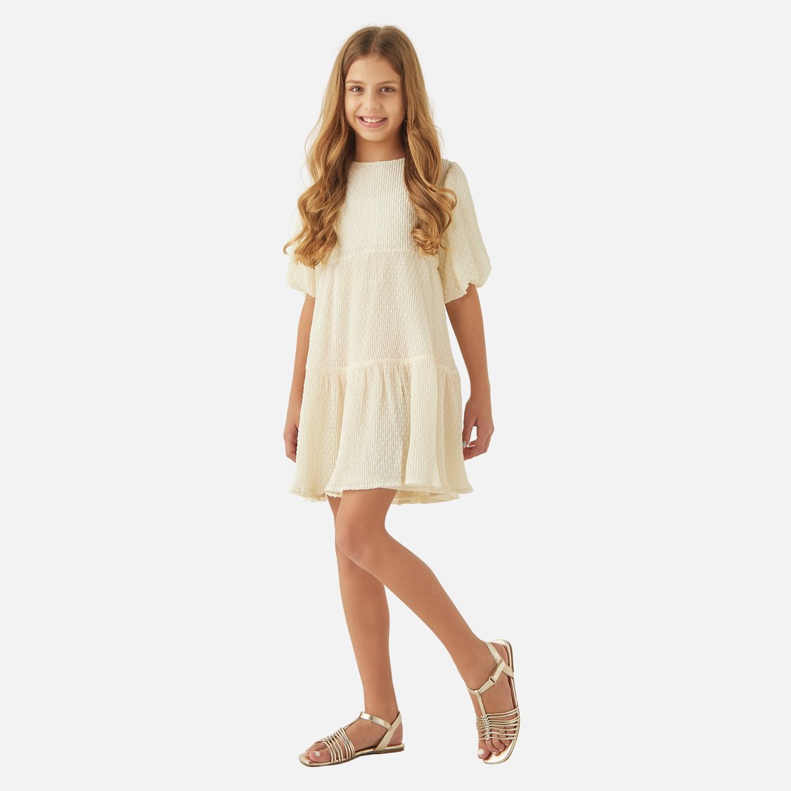 Juniors Textured Tiered Dress with Round Neck and Button Closure