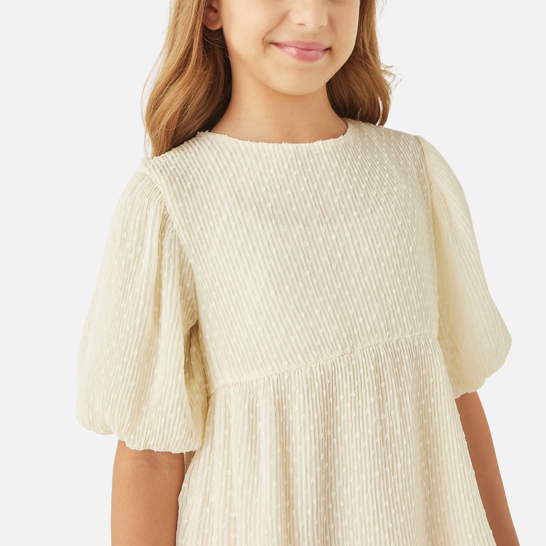 Juniors Textured Tiered Dress with Round Neck and Button Closure