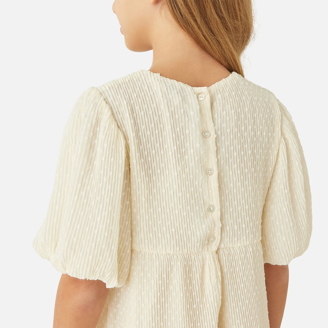 Juniors Textured Tiered Dress with Round Neck and Button Closure