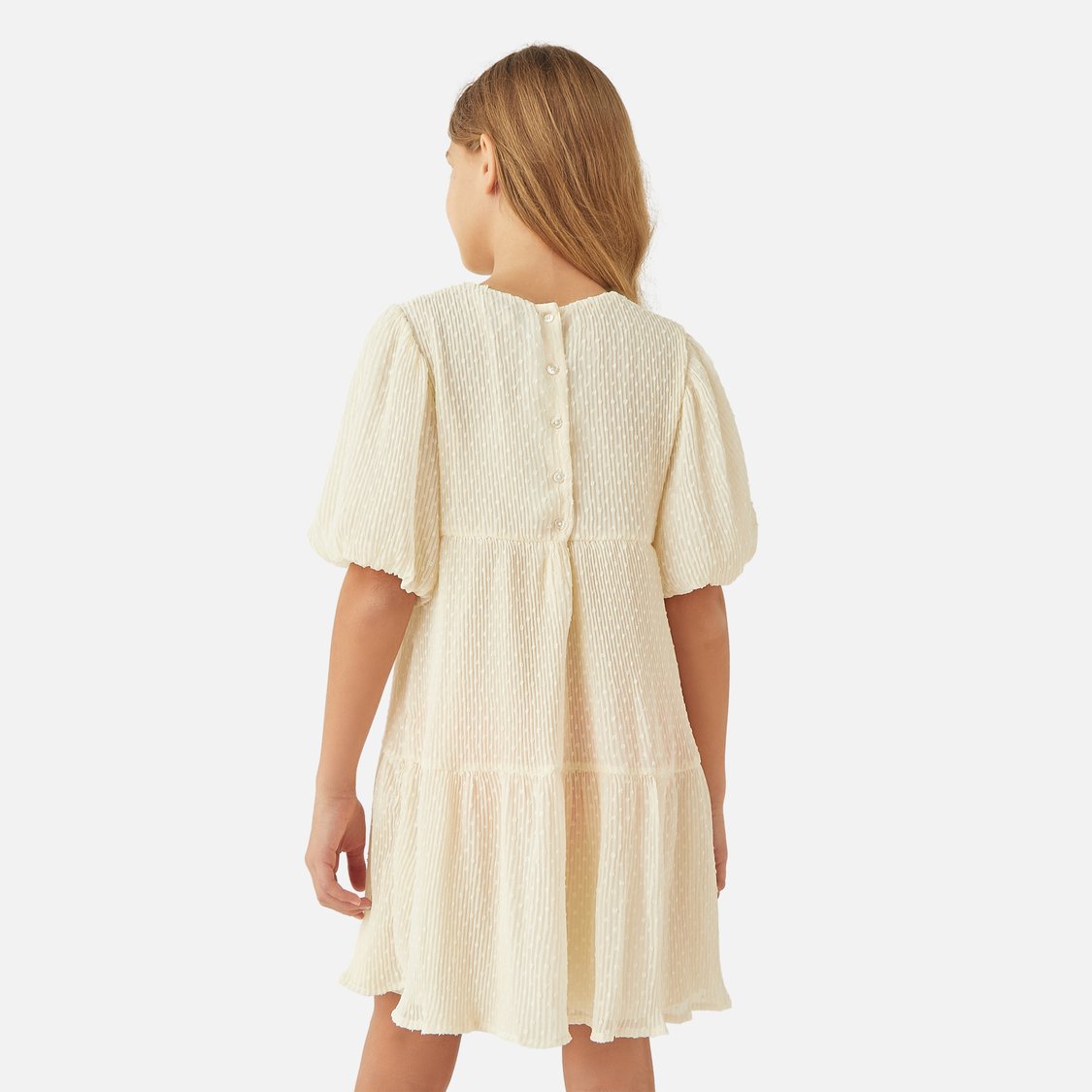 Juniors Textured Tiered Dress with Round Neck and Button Closure