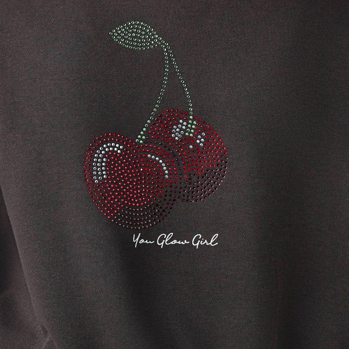 Juniors Cherry Embellished Sweatshirt with Ruffle Detail and Round Neck