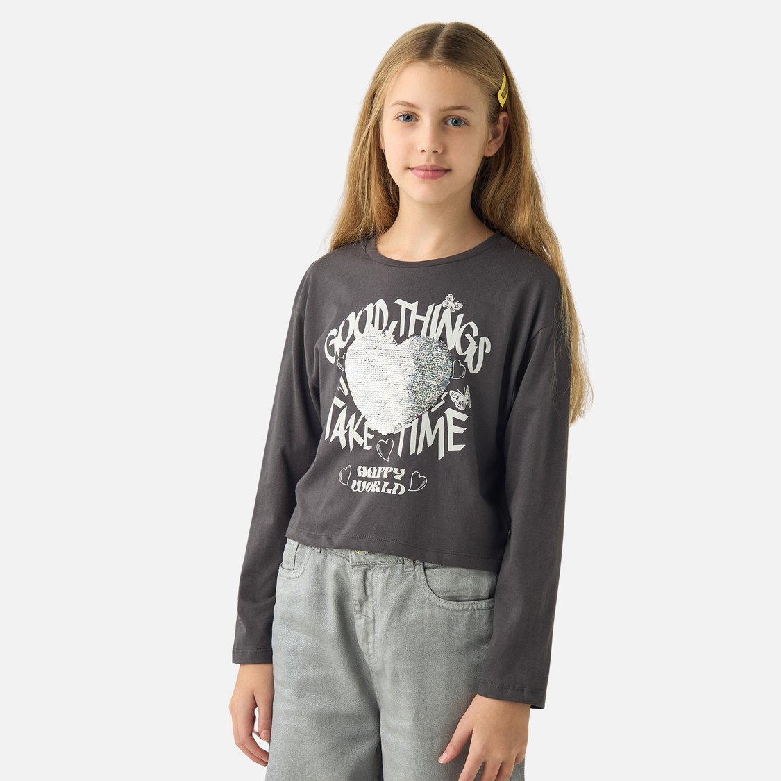 Juniors Embellished Round Neck T-shirt with Long Sleeves