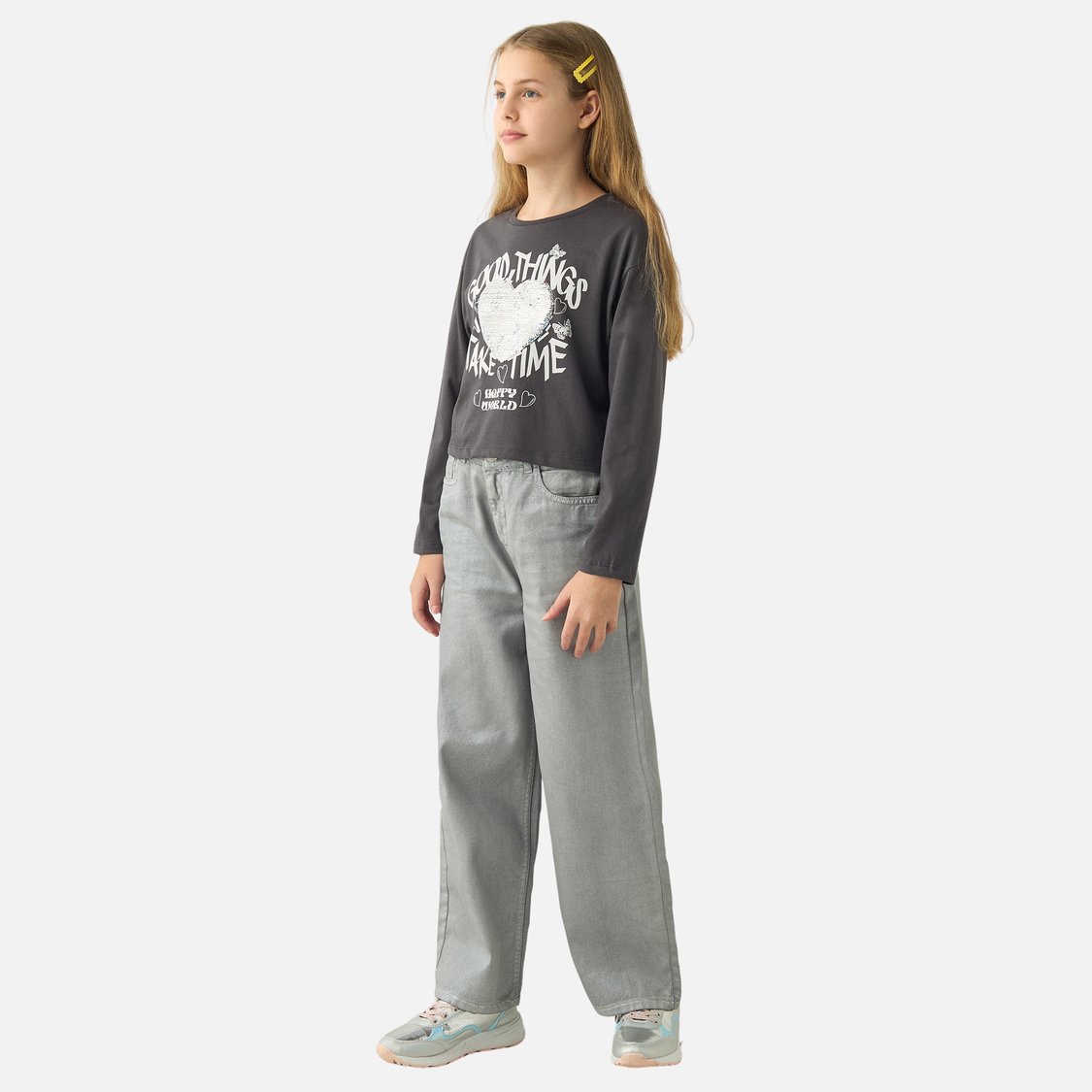 Juniors Embellished Round Neck T-shirt with Long Sleeves