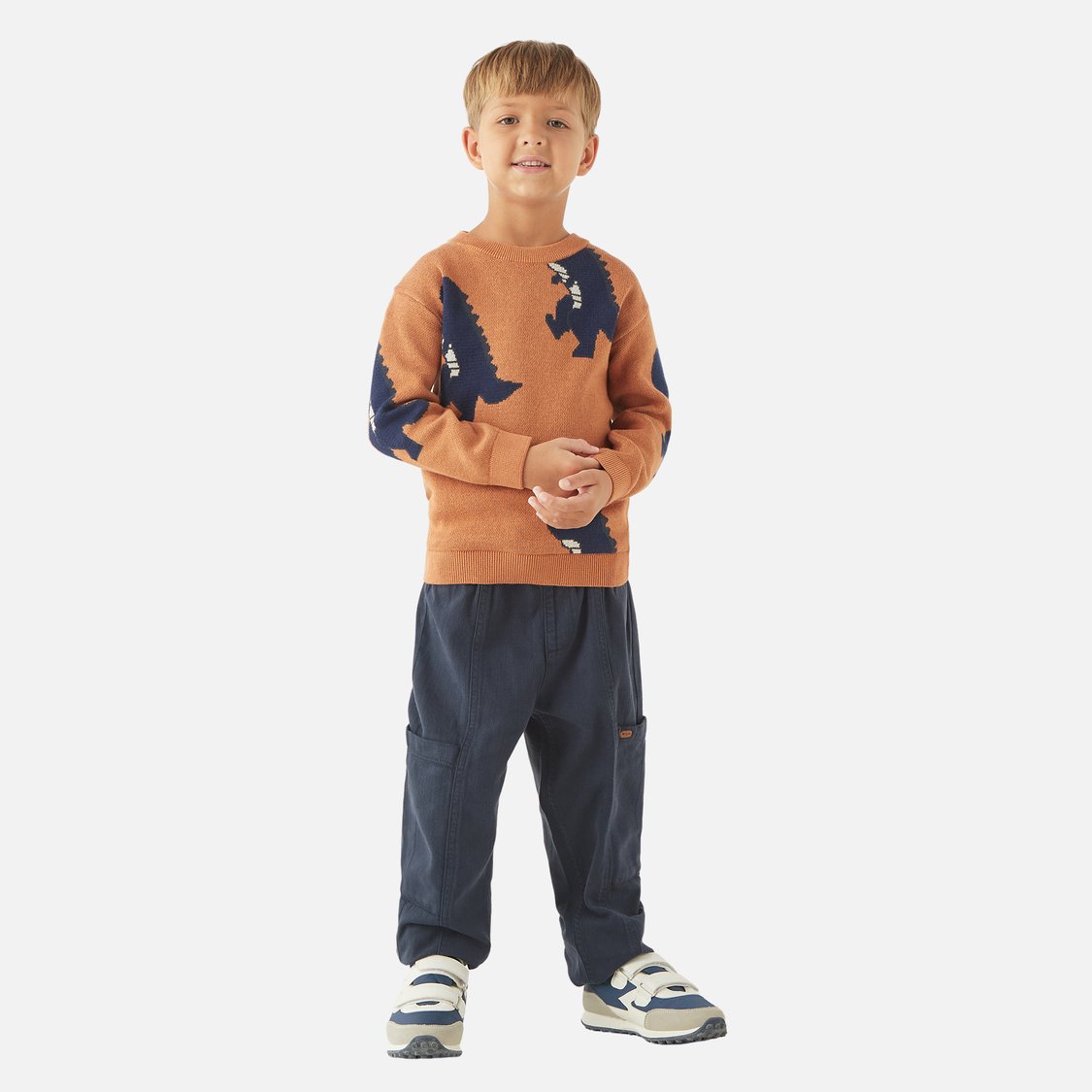 Juniors Dinosaur Textured Sweater with Long Sleeves and Crew Neck
