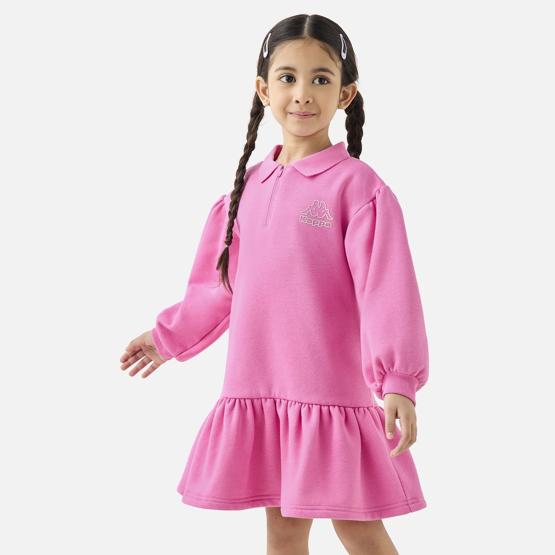 Kappa Logo Detail Polo Dress with Long Sleeves and Flounce Hem