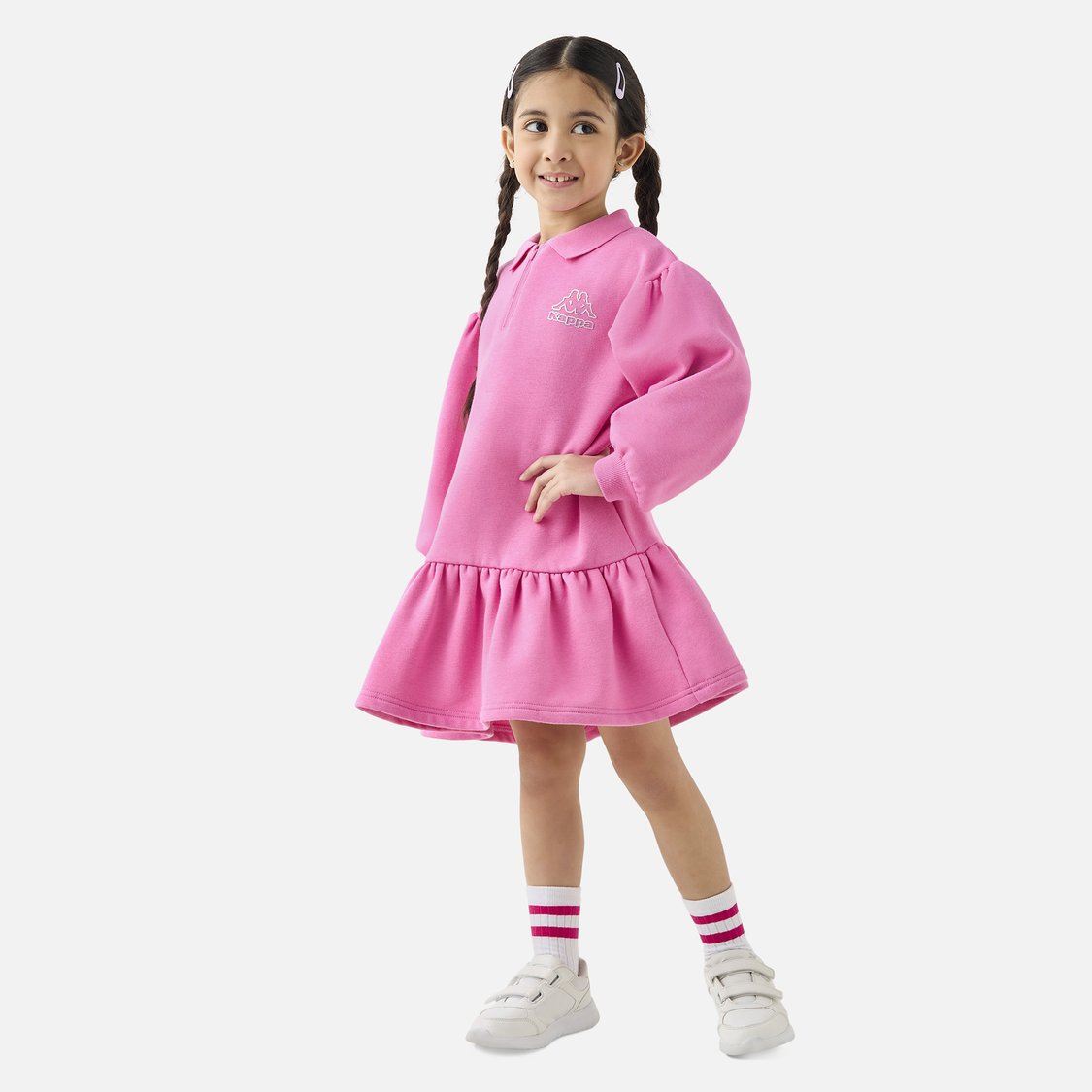 Kappa Logo Detail Polo Dress with Long Sleeves and Flounce Hem