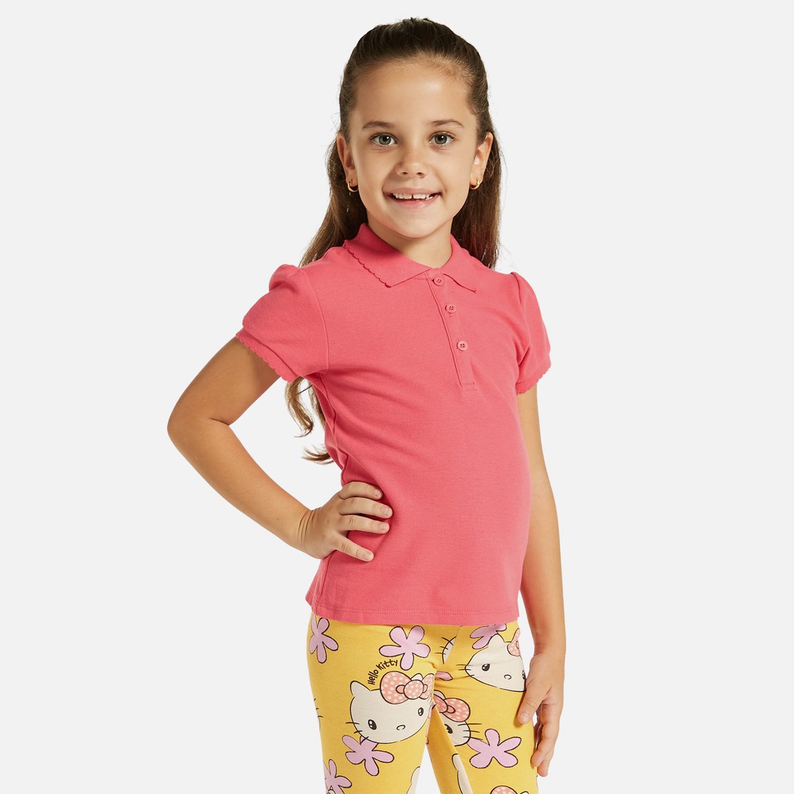 Juniors Solid Polo T-shirt with Short Sleeves and Button Closure