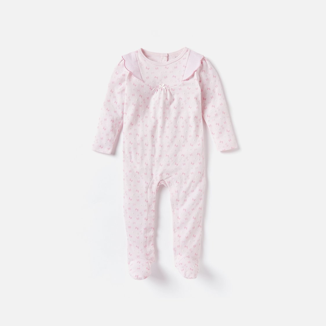 Juniors Bow Print Closed Feet Sleepsuit with Button Closure and Ruffle Detail