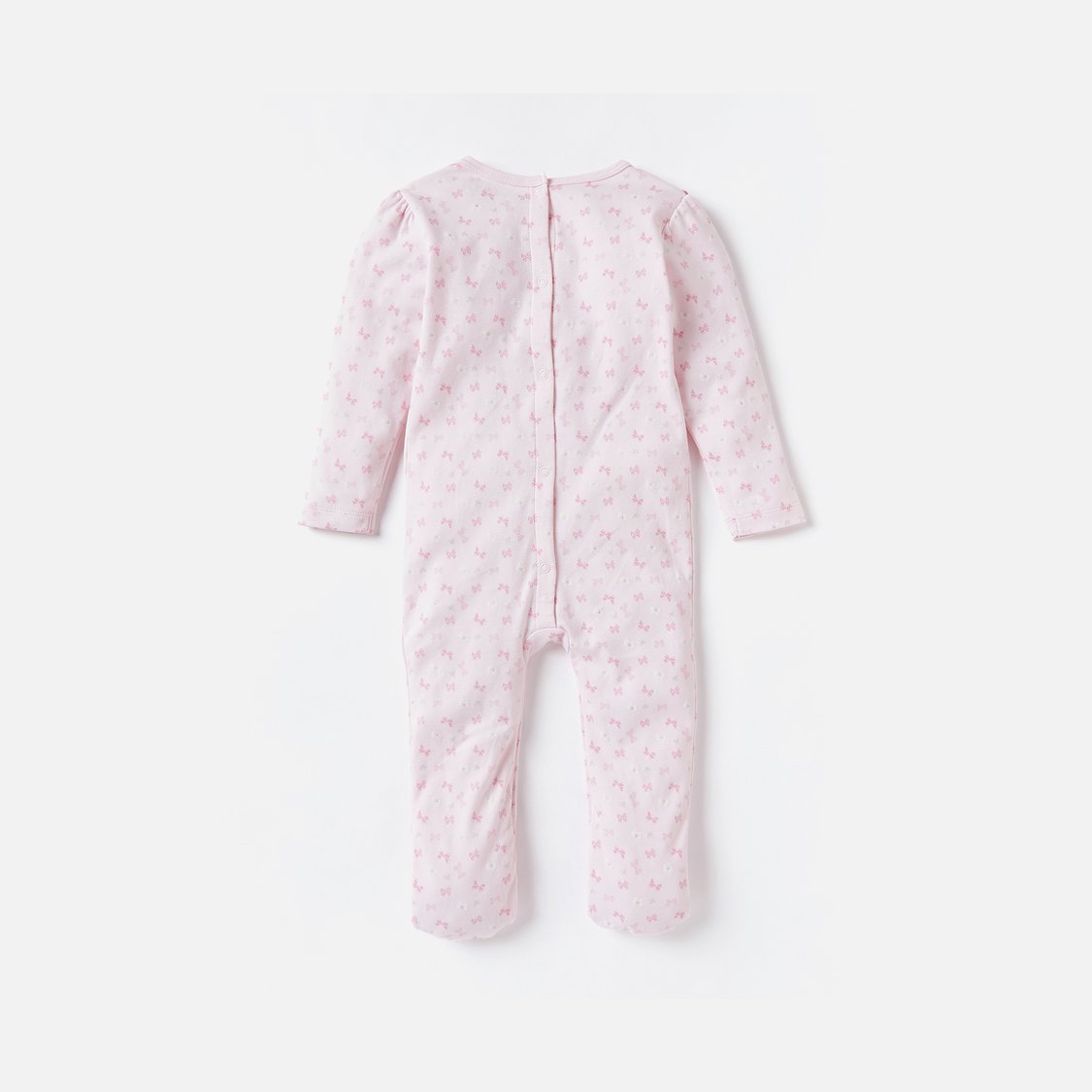 Juniors Bow Print Closed Feet Sleepsuit with Button Closure and Ruffle Detail