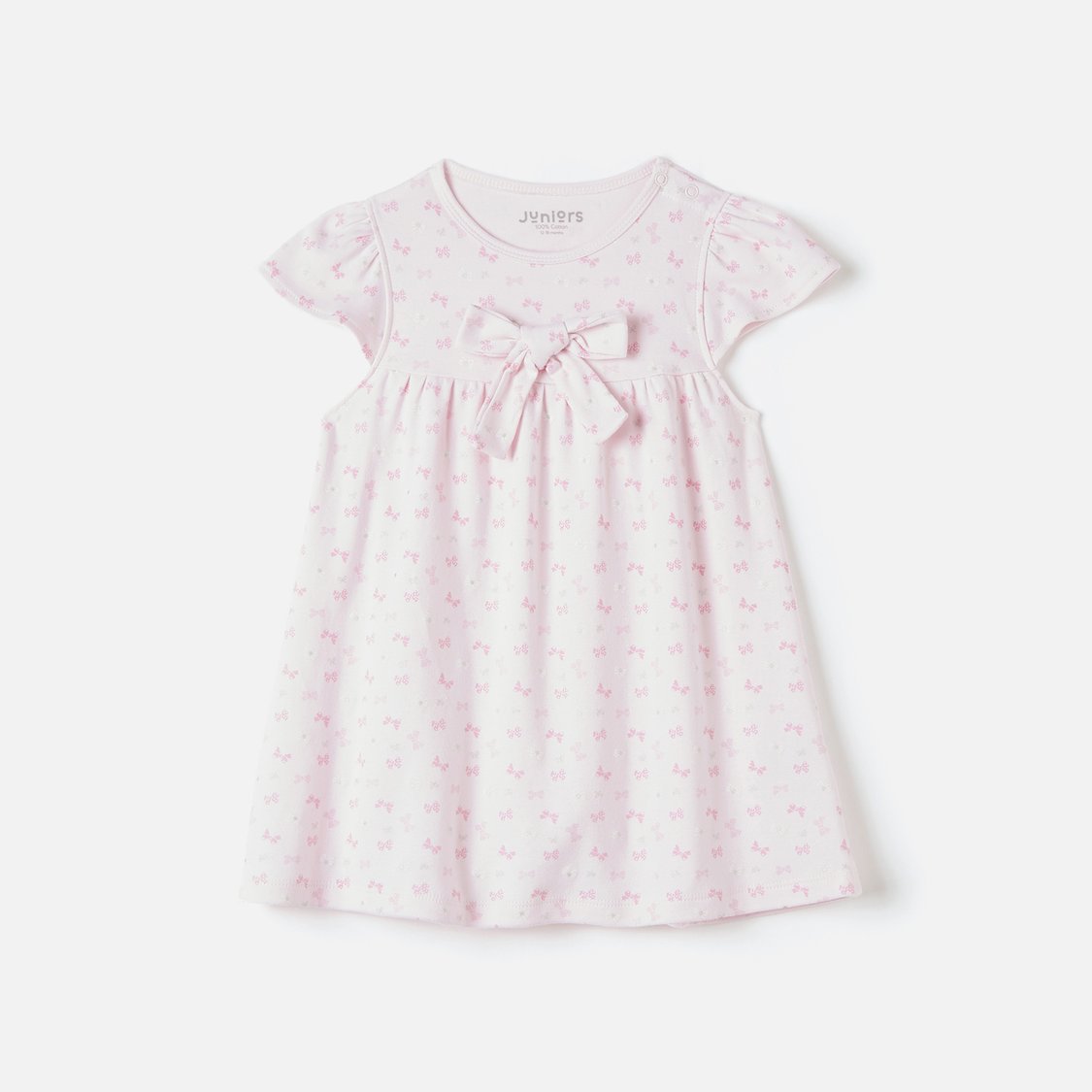 Juniors All-Over Bow Print A-line Dress with Short Sleeves