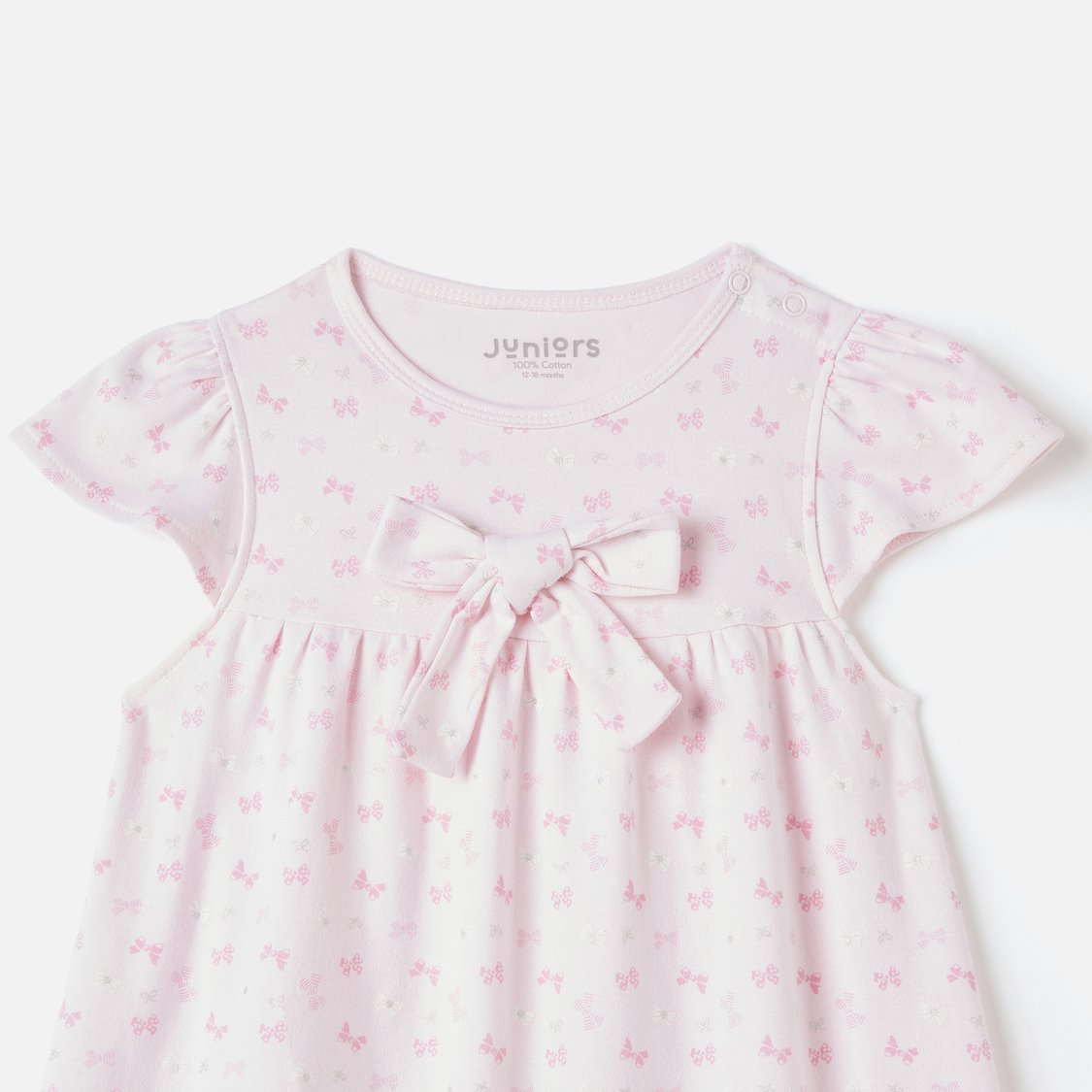 Juniors All-Over Bow Print A-line Dress with Short Sleeves