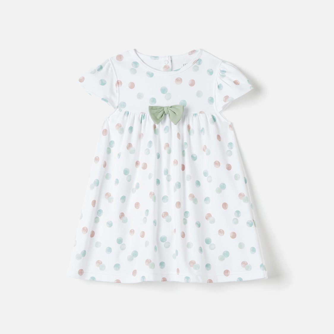 Juniors Printed A-line Dress with Short Sleeves and Bow Detail