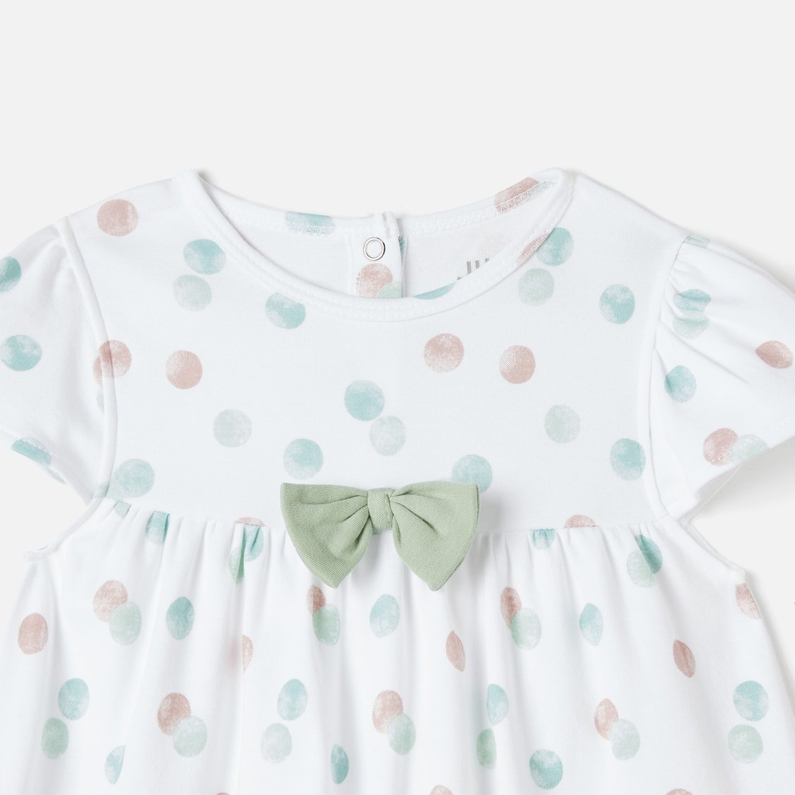Juniors Printed A-line Dress with Short Sleeves and Bow Detail