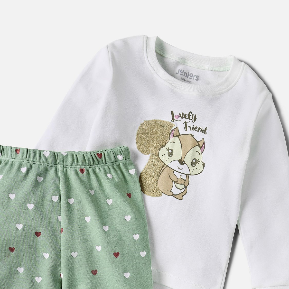 Juniors Squirrel Applique Long Sleeves T-shirt and Pyjama Set