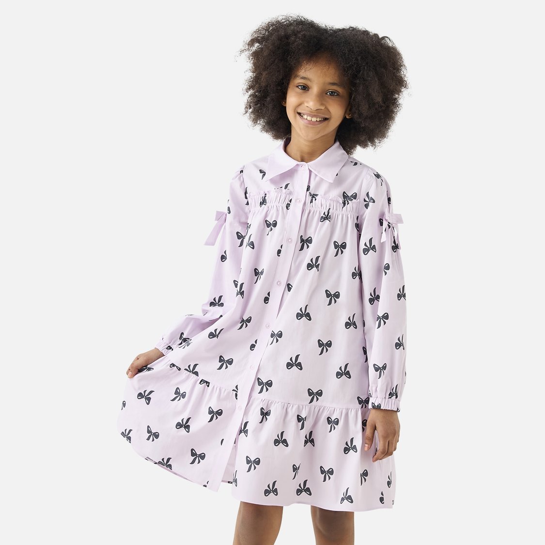 Juniors Bow Detail Tiered Dress with Button Closure and Bow Detail