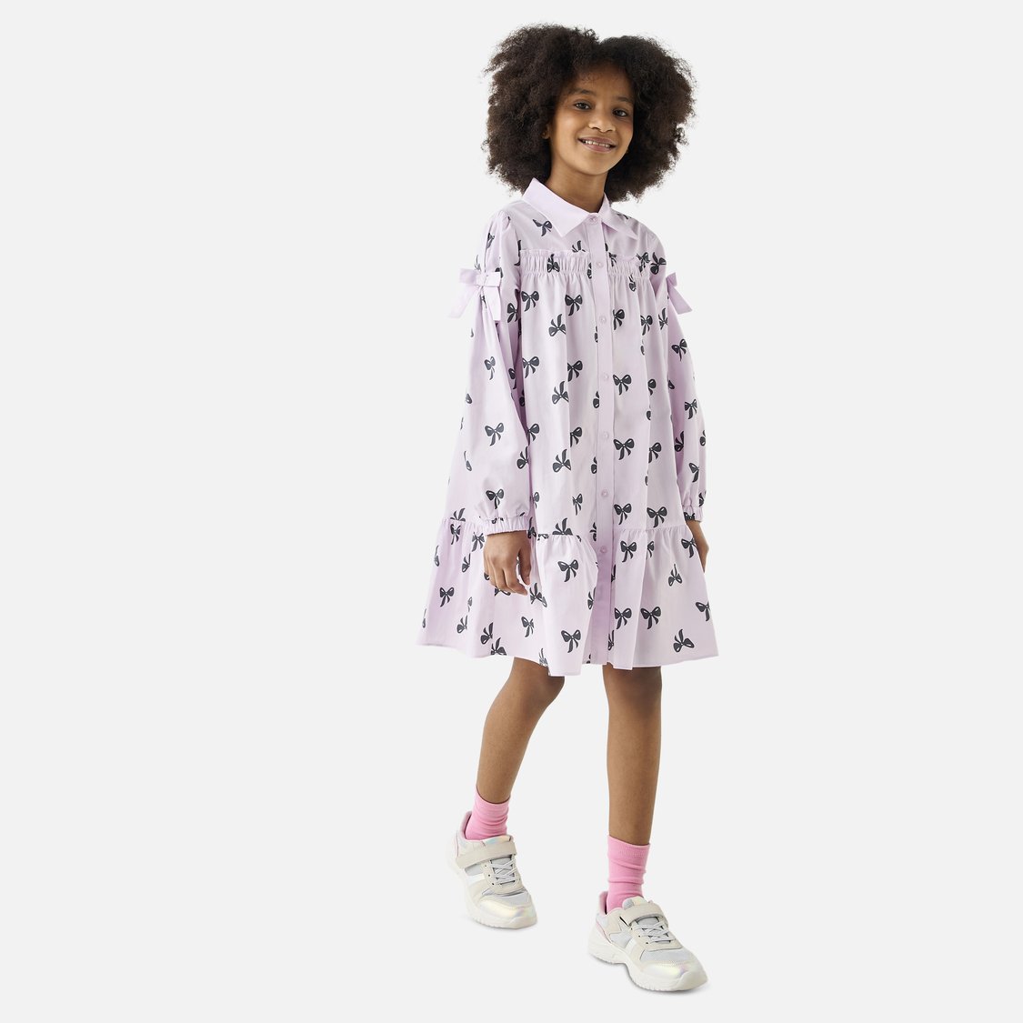 Juniors Bow Detail Tiered Dress with Button Closure and Bow Detail