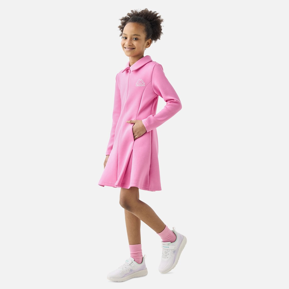Kappa Panelled A-Line Collared Dress with Long Sleeves and Pockets