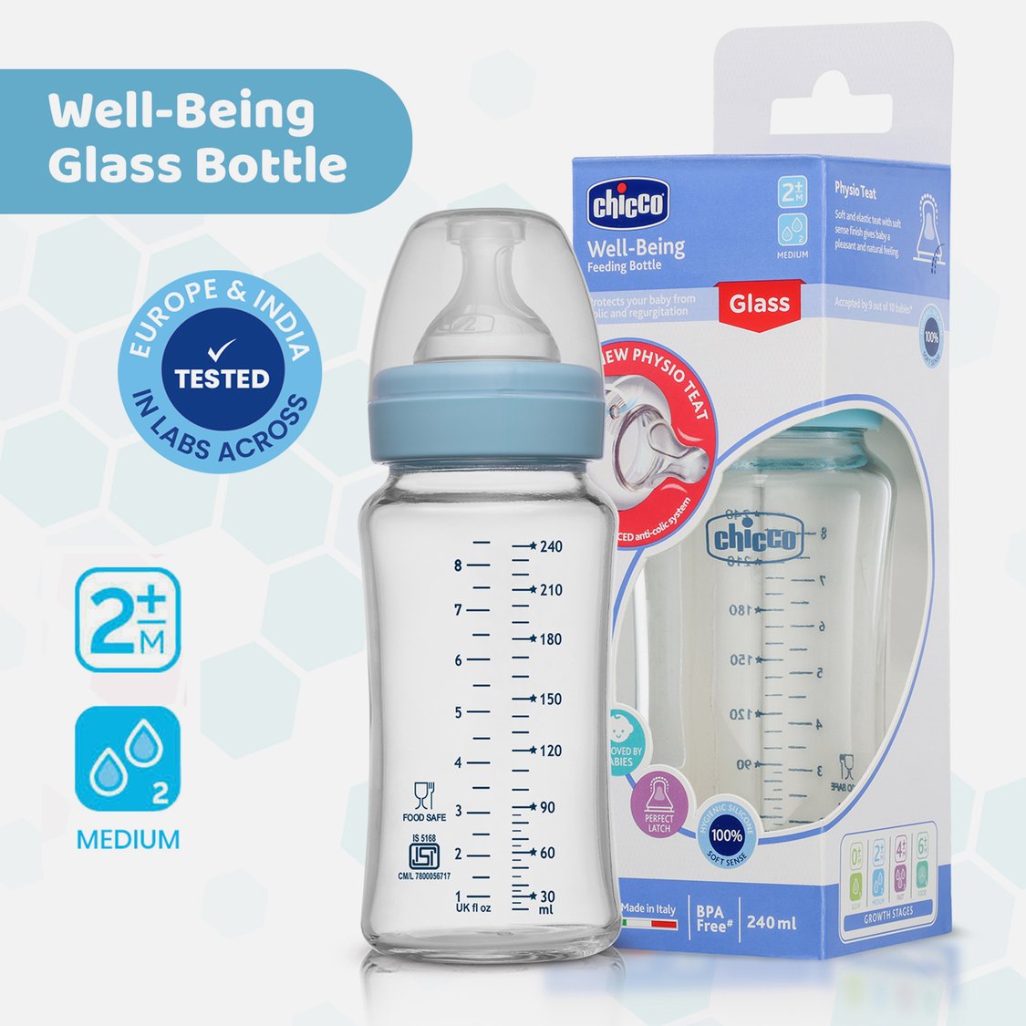 Chicco Well-Being Glass Bottle - 240 ml