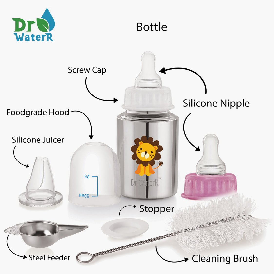 Dr.WaterR Stainless Steel Baby Feeding Bottle Kit - 150 ml