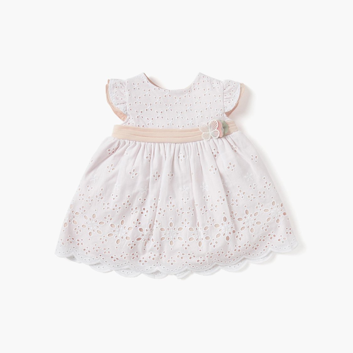 Giggles Schiffli Embroidered A-line Dress with Ruffle Sleeves