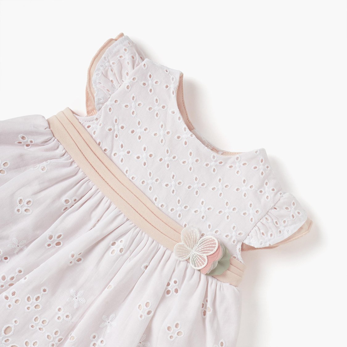 Giggles Schiffli Embroidered A-line Dress with Ruffle Sleeves